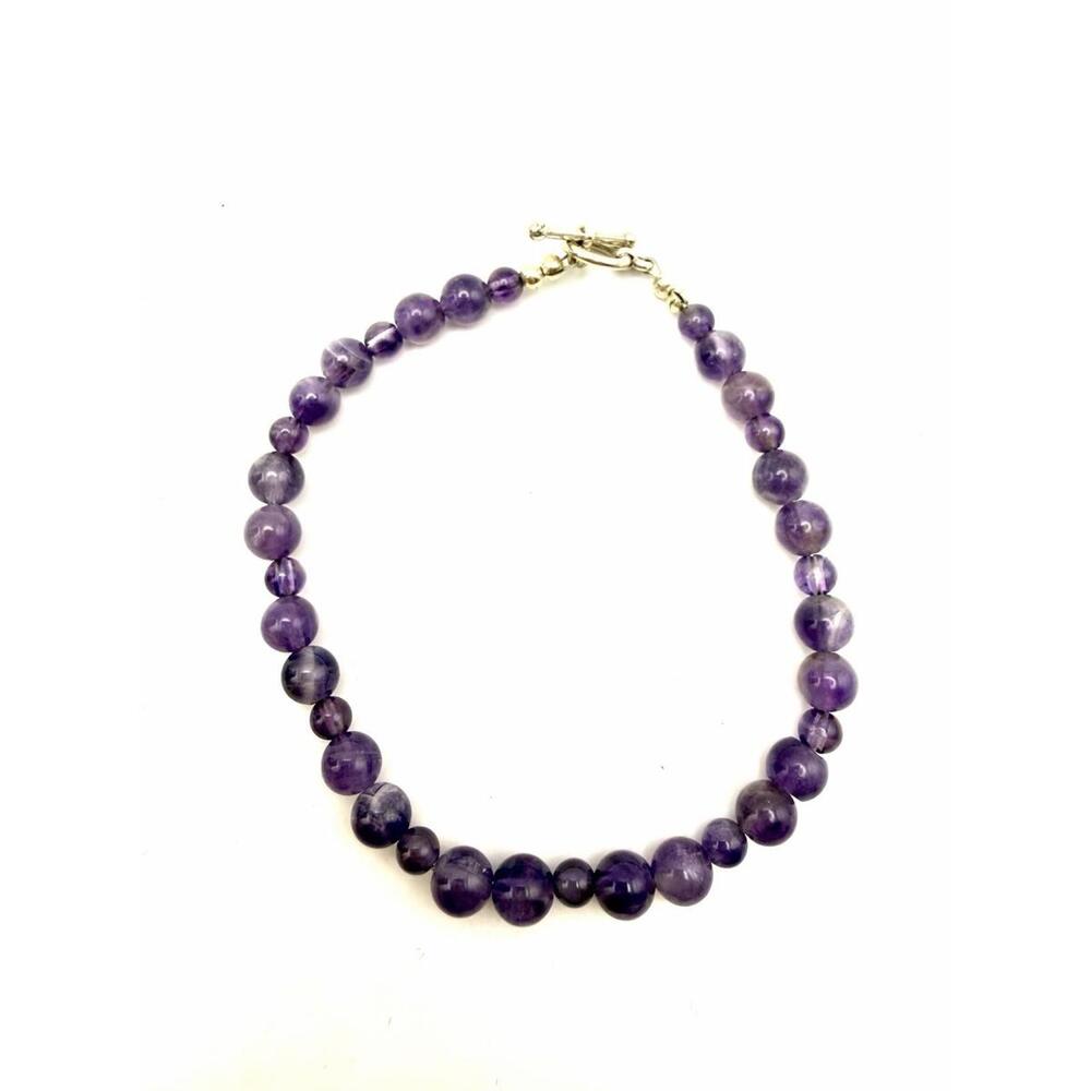 Genuine Amethyst Beads Natural Color 925 Silver Bracelet